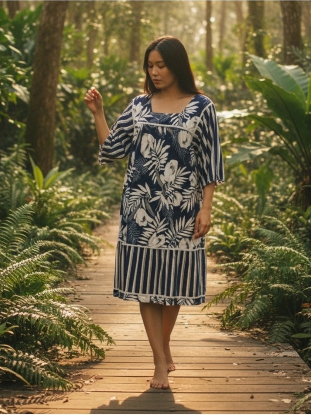 Hawaiian Navy & White Tropical Print Midi Dress